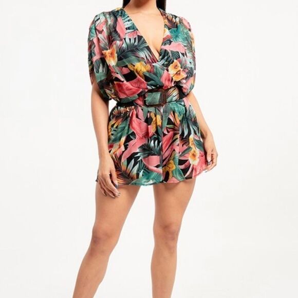 Tropical Kimono Chiffon Romper - Picture 1 of 10